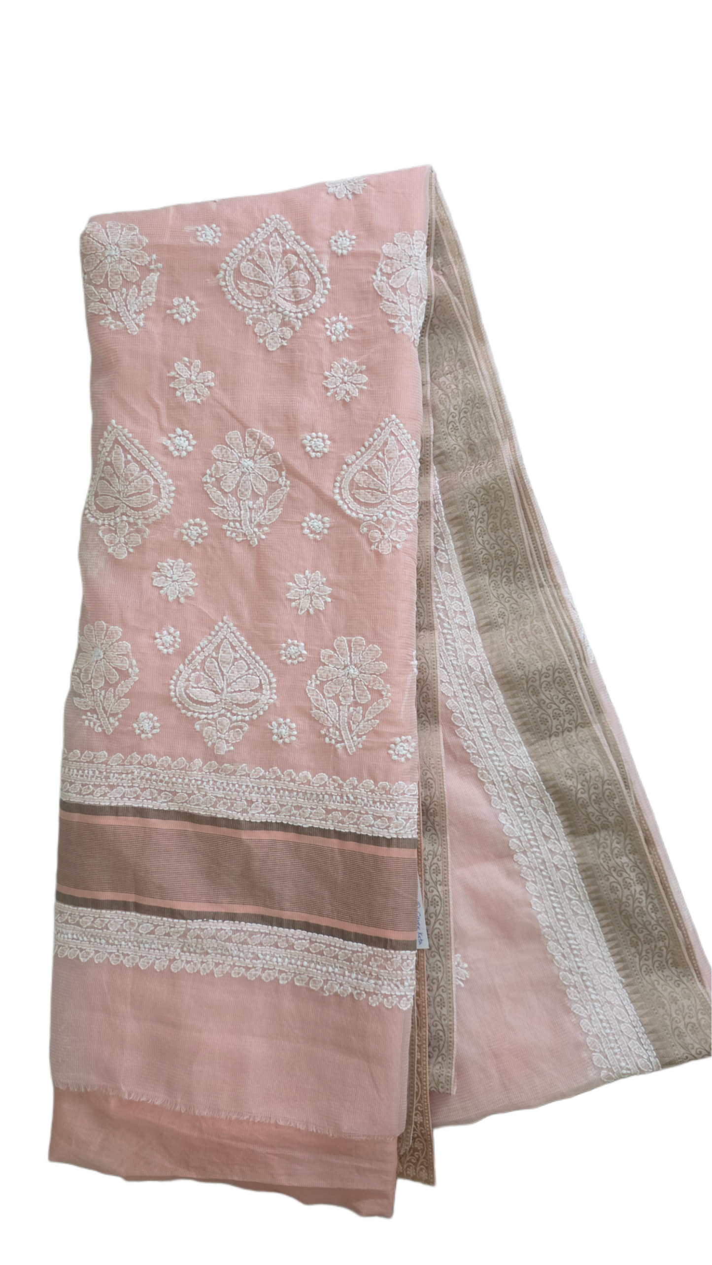 Original Chikankari Hand Work Kota Peach Cotton saree with Handloom Border