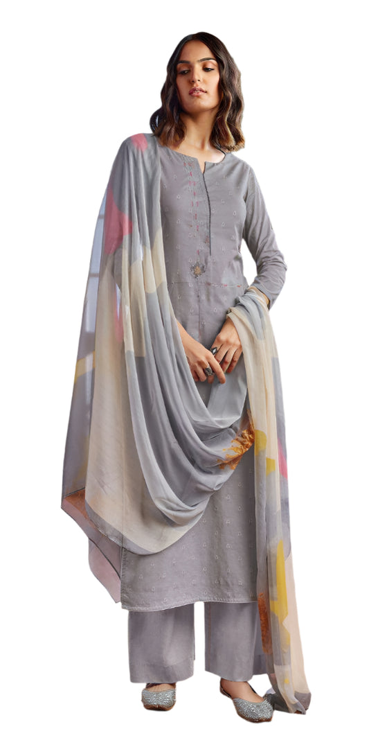 Grey Cotton Printed Light Embroidered Salwar Kameez Dress Material 403A