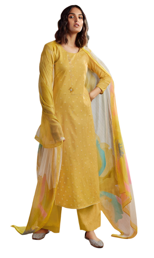 Yellow Cotton Printed Light Embroidered Salwar Kameez Dress Material 403C
