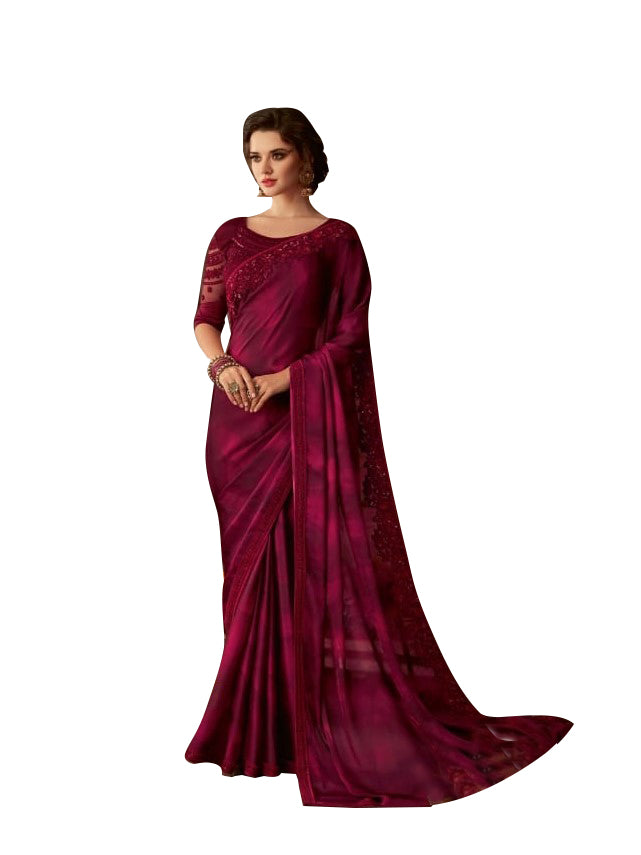 Exclusive Maroon Chiffon Silk Embroidered Saree with Designer Blouse AC611