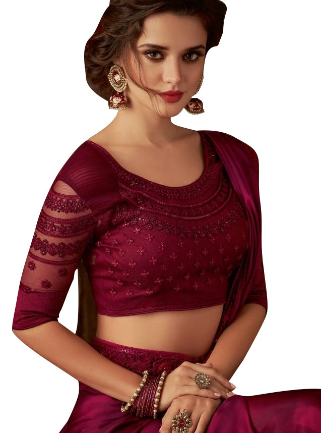 Exclusive Maroon Chiffon Silk Embroidered Saree with Designer Blouse AC611