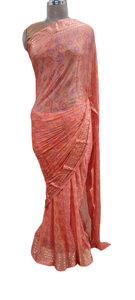 Peachy Pink Bandhej Bandhani Printed Chinon Chiffon saree SHVGS11