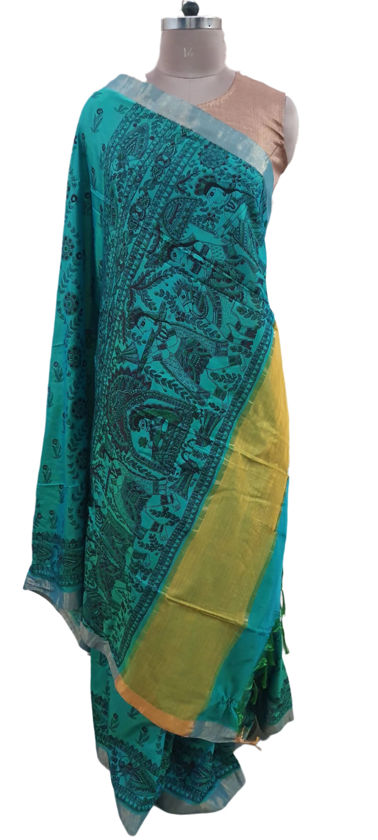 Teal Blue Madhubani Printed Soft Silk Saree SHVMD01