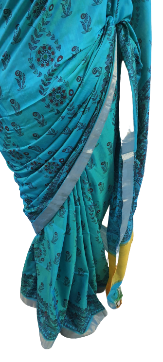 Teal Blue Madhubani Printed Soft Silk Saree SHVMD01