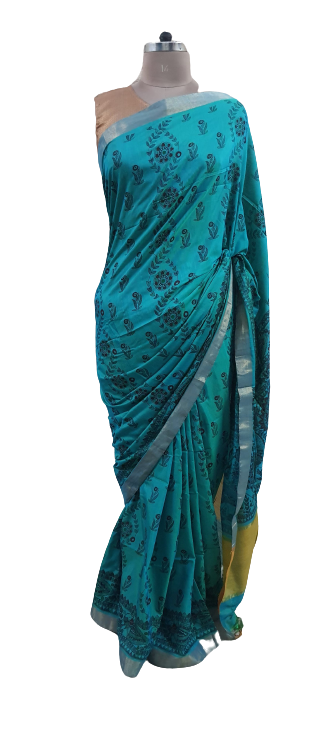 Teal Blue Madhubani Printed Soft Silk Saree SHVMD01