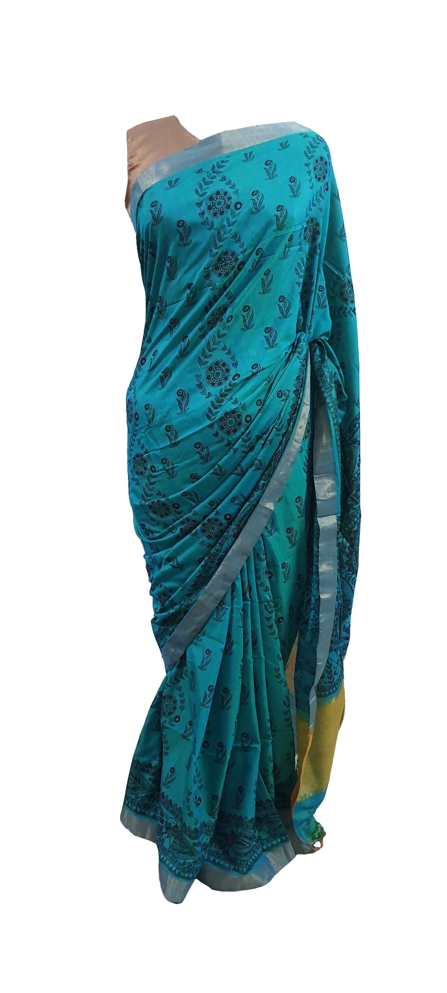 Teal Blue Madhubani Printed Soft Silk Saree SHVMD01