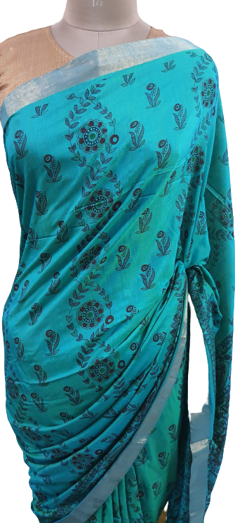 Teal Blue Madhubani Printed Soft Silk Saree SHVMD01