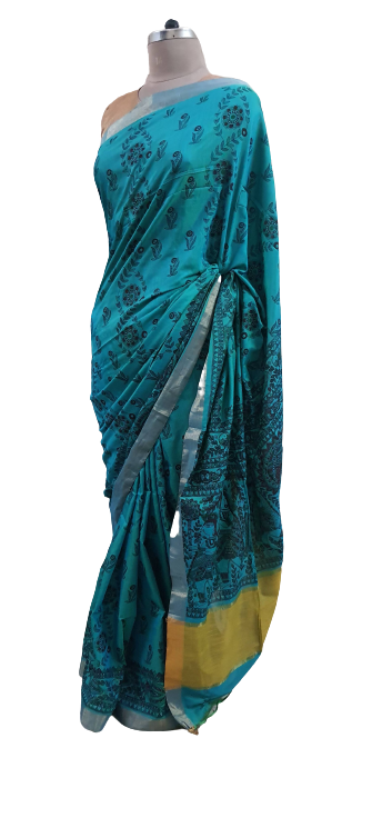 Teal Blue Madhubani Printed Soft Silk Saree SHVMD01