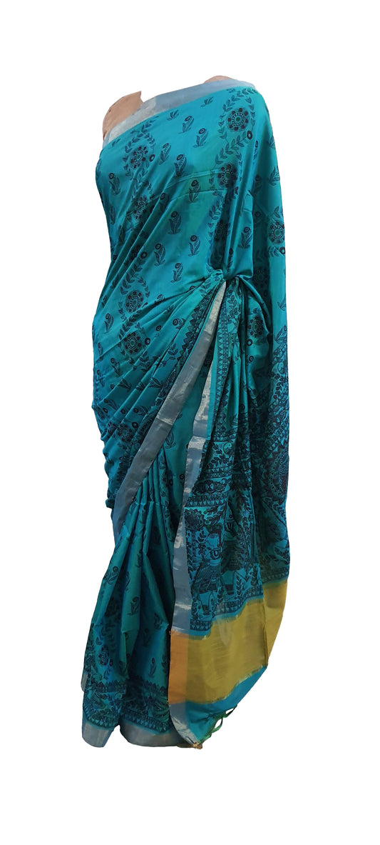 Teal Blue Madhubani Printed Soft Silk Saree SHVMD01