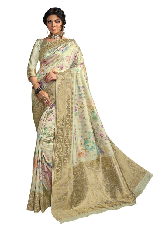 Light Green Banarasi Semi Silk Sarees with All-Over Digital Floral Print & Rich Zari Weave