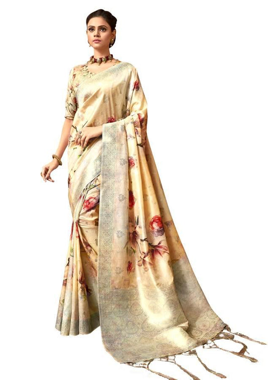 Beige Golden Banarasi Semi Silk Sarees with All-Over Digital Floral Print & Rich Zari Weave