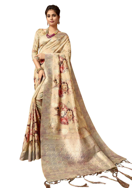 Beige Golden Banarasi Semi Silk Sarees with All-Over Digital Floral Print & Rich Zari Weave