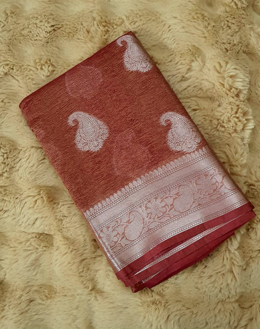 Rust Red Crush Tissue Banarasi Traditional saree MS03