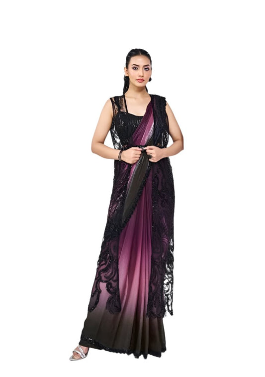 Wine Black Two Tone Silk Ready to Wear Saree with Stitched Blouse Shrug KK03