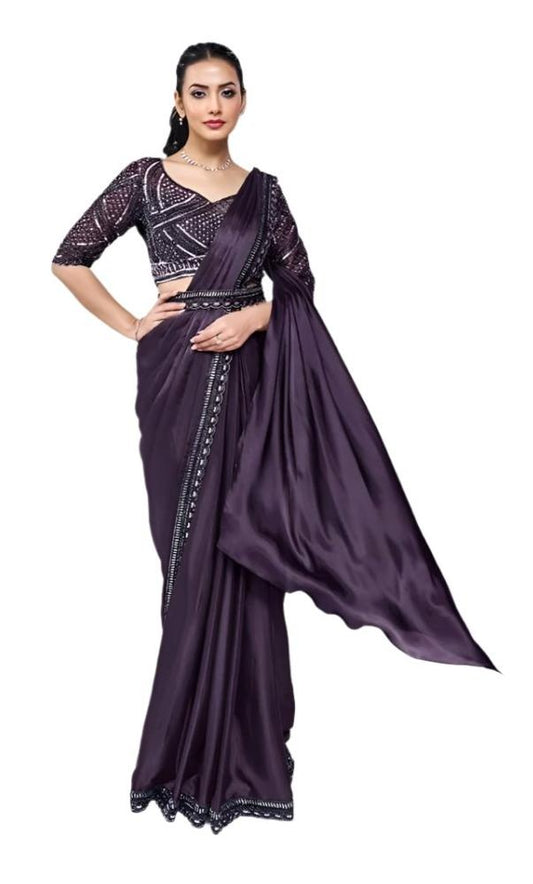 Purple Crepe Satin Silk Ready to Wear Saree with Stitched Blouse KK05