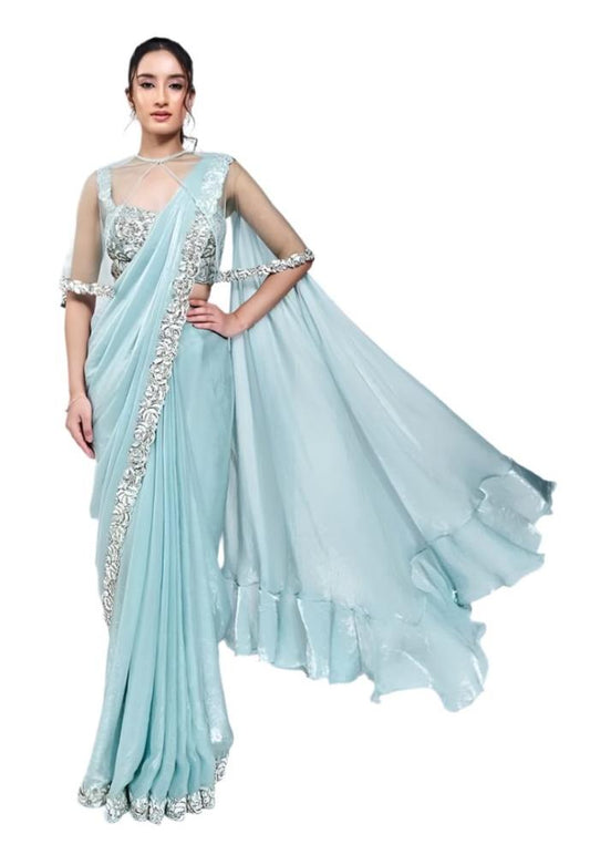 Ice Blue Two Tone Satin Silk Ready to Wear Saree with Stitched Blouse and Shrug KK06