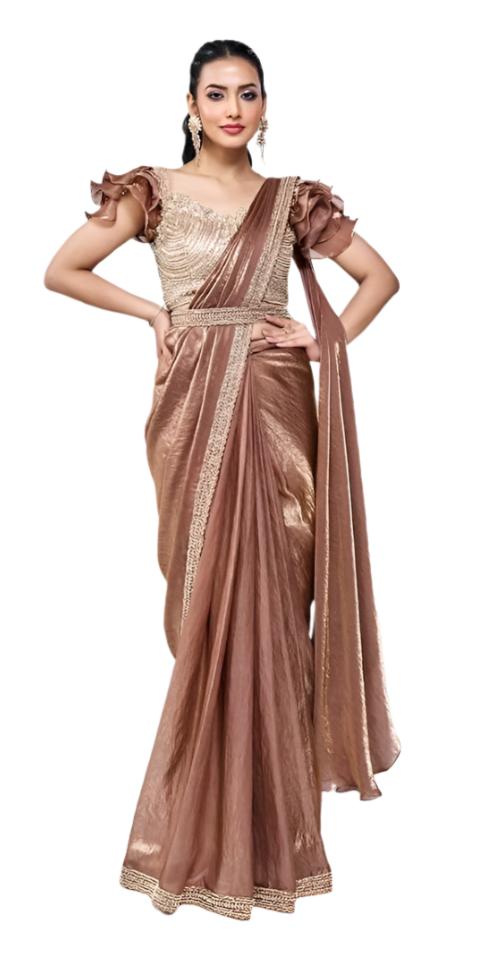 Copper Two Tone Satin Silk Ready to Wear Saree with Stitched Blouse KK07