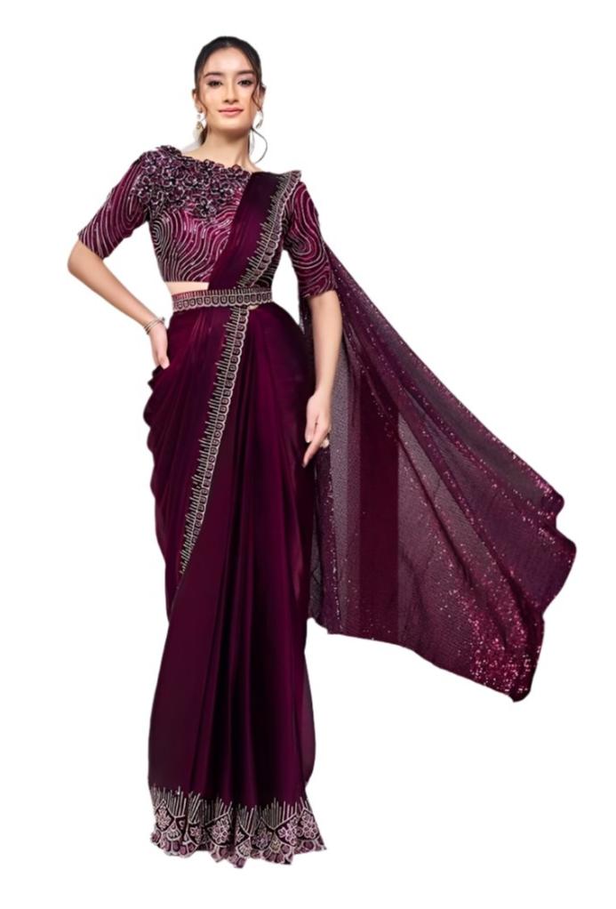 Wine Crepe Satin Silk Ready to Wear Saree with Stitched Blouse KK09