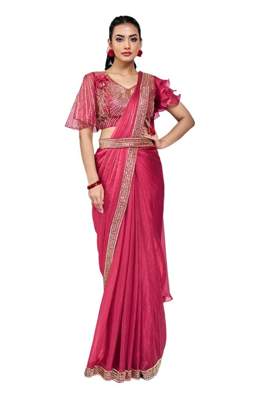 Carrot Pink Two Tone Satin Silk Ready to Wear Saree with Stitched Blouse KK10