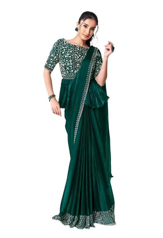 Green Shimmer Chiffon Ready to Wear Saree with Stitched Blouse KK11