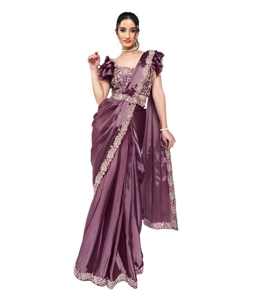 Mauve Crepe Satin Silk Ready to Wear Saree with Stitched Blouse KK12