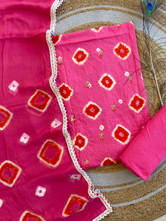 Pink Bandhej Bandhani Hand Mirror work Dress Material BAN05