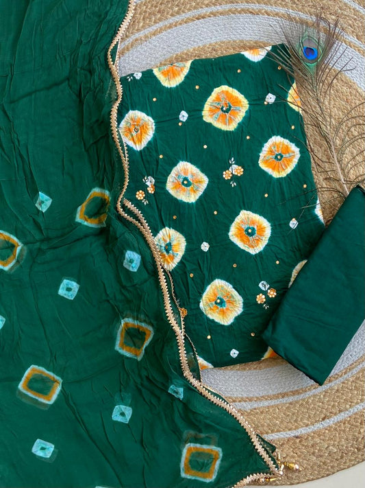 Bottle Green Bandhej Bandhani Hand Mirror work Dress Material
