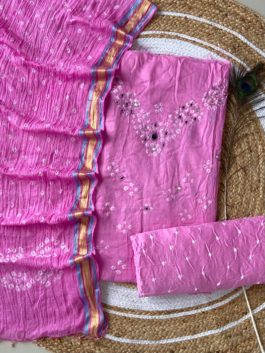 Pink Bandhej Bandhani Hand Mirror work Dress Material
