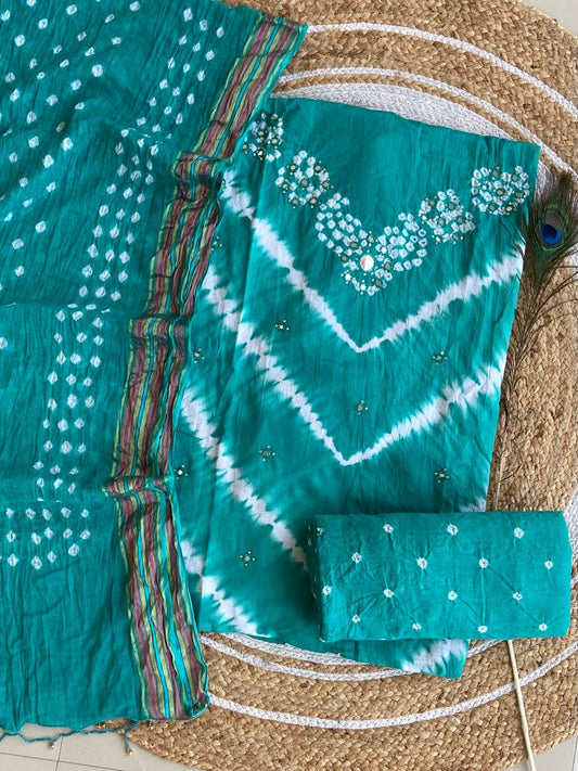 Turquoise Green Bandhej Bandhani Hand Mirror work Dress Material