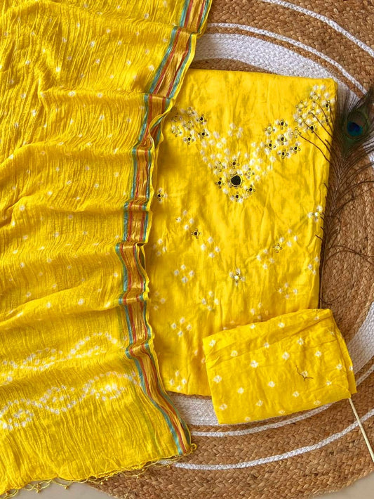 Yellow Bandhej Bandhani Hand Mirror work Dress Material