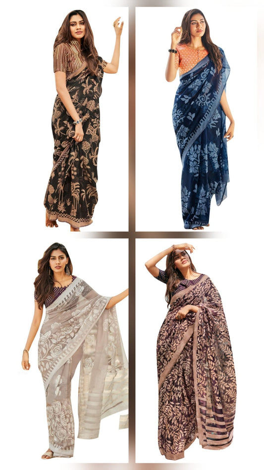 Wholesale Combo Set of 4 Kota Brasso Sarees with Floral Prints | Lightweight & Elegant
