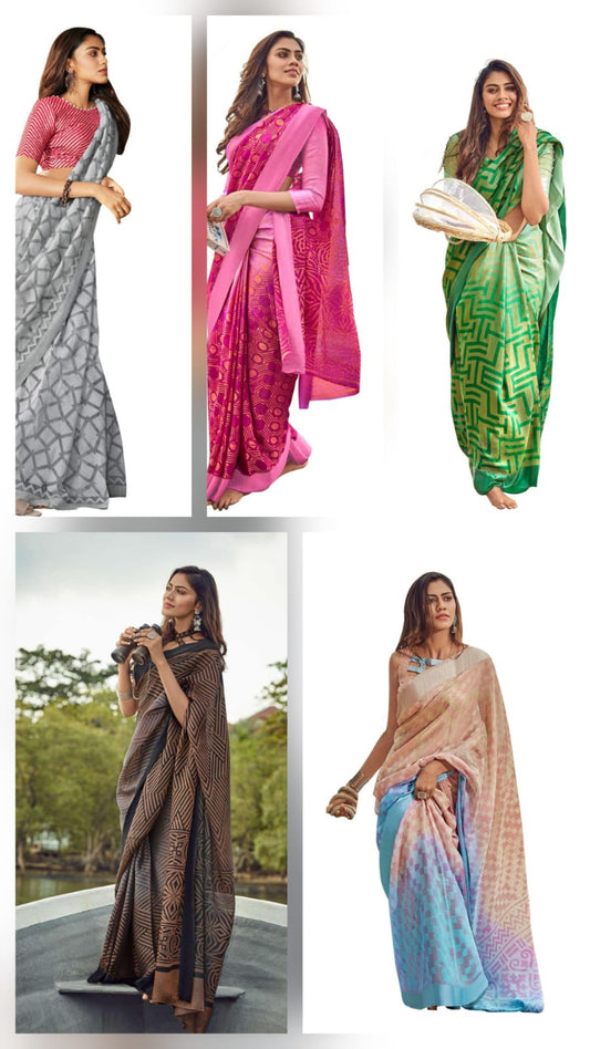 Wholesale Combo Set of 5 Kota Brasso Sarees | Lightweight Printed Sarees for Daily & Festive Wear