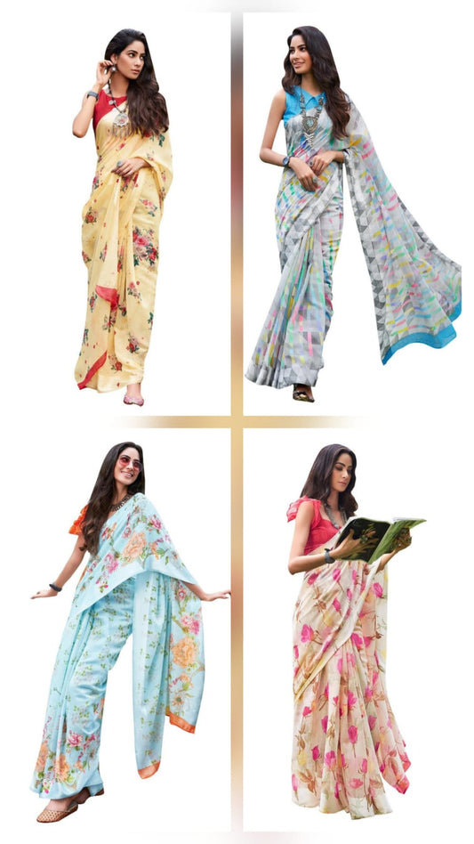 Wholesale Set of 4 Soft Linen Cotton Printed Sarees – Floral & Trendy Designer Collection SH