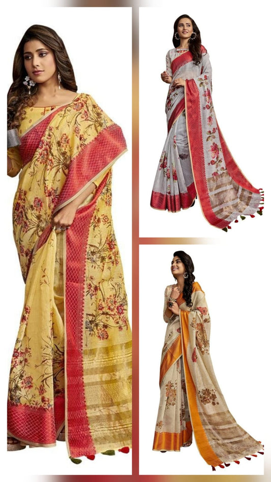 Wholesale Set of 3 Soft Linen Cotton Sarees with Digital Print & Weaving Border PC