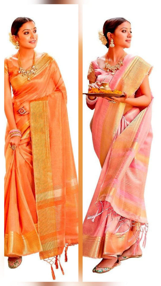 Wholesale Set of 2 Tissue Linen Sarees with Weaving Border & Matching Blouses SIM