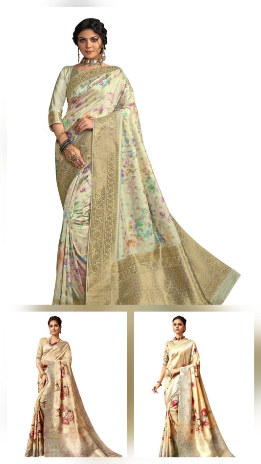 Set of 3 Banarasi Semi Silk Sarees with All-Over Digital Floral Print & Rich Zari Weave | Wholesale Combo