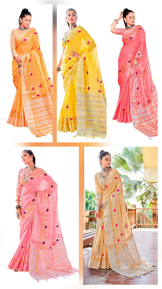 Wholesale Set of 5 Soft Linen Cotton Sarees with Gota Patti work Elegant Weaving Border