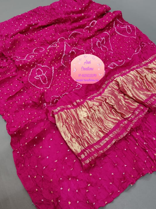 Pink Jaipuri Handcrafted Modal Gajji Bandhani Saree with Lagdi Patta Authentic Bandhej