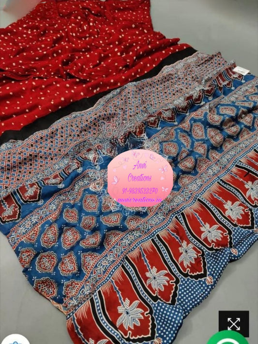 Pure Modal Bandhani Bandhej Saree with Ajrakh Printed Palla & Blouse