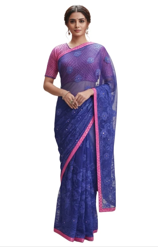 Navy blue Tulli Net Saree with Hand work semi Stitched Blouse