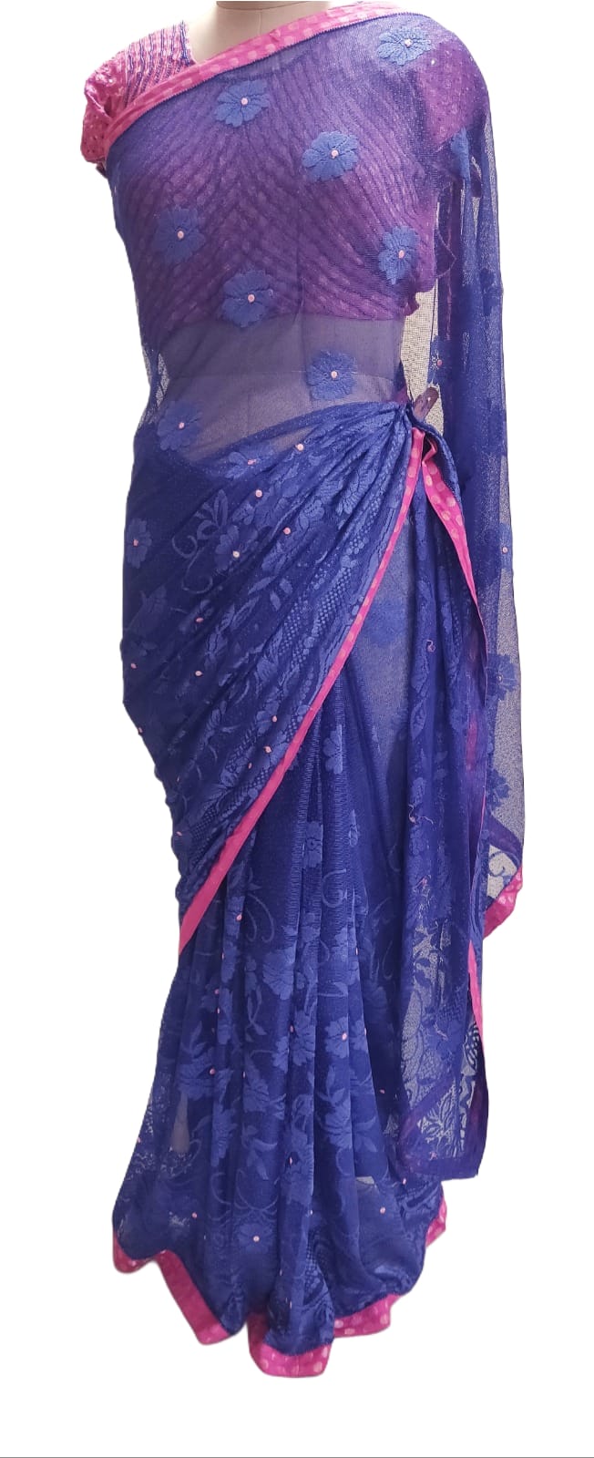 Navy blue Tulli Net Saree with Hand work semi Stitched Blouse