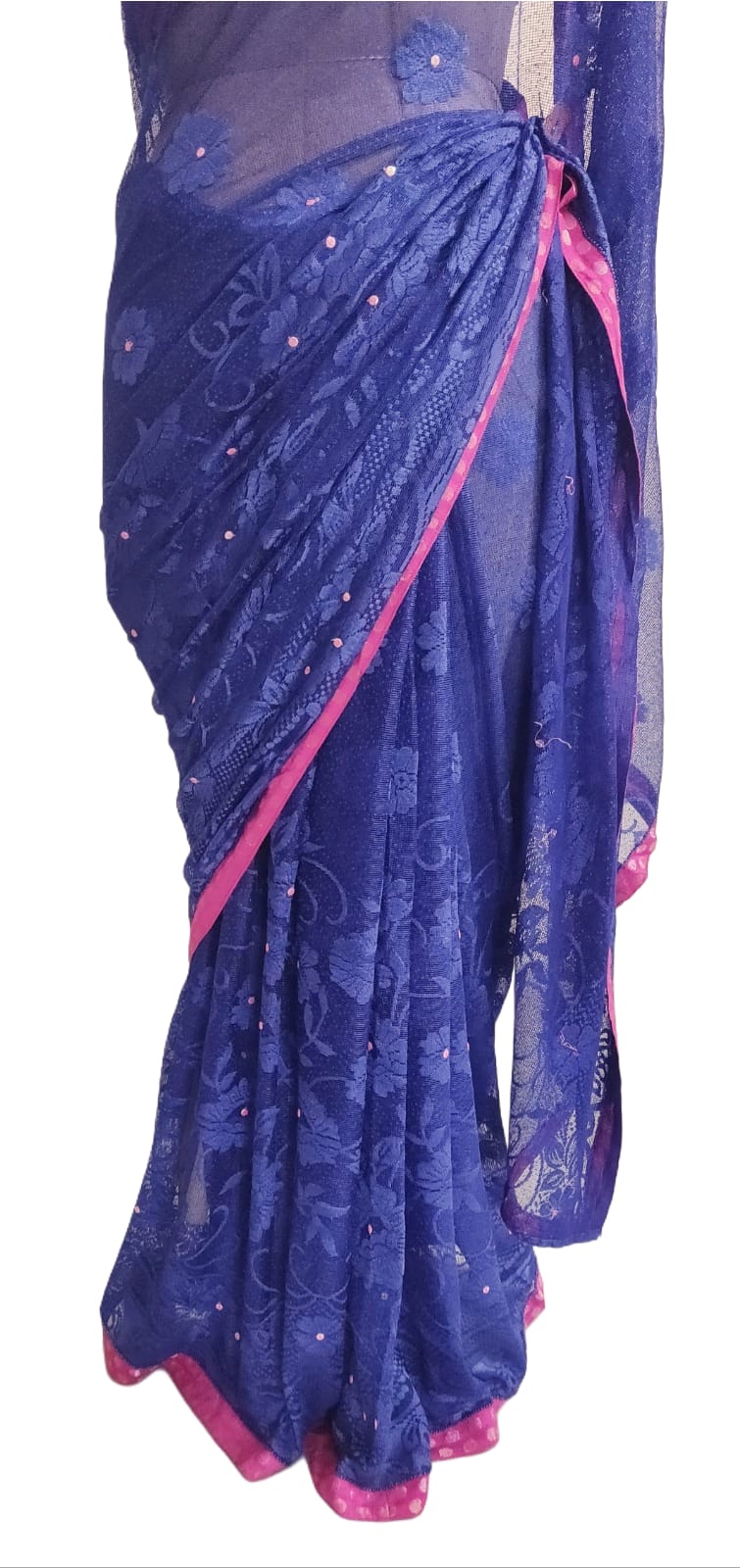 Navy blue Tulli Net Saree with Hand work semi Stitched Blouse