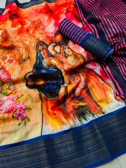 Designer Orange Multi Digital Printed Linen Cotton Saree ND11