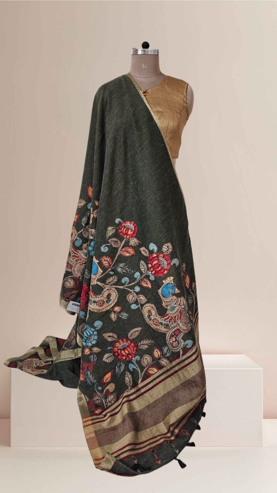 Linen Cotton saree with Original Pen Kalamkari applique work GLK02