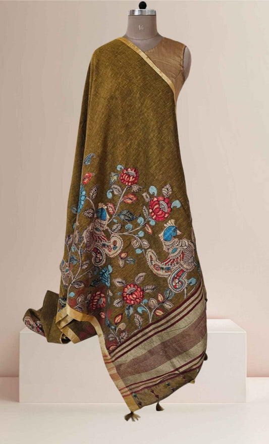 Linen Cotton saree with Original Pen Kalamkari applique work GLK04