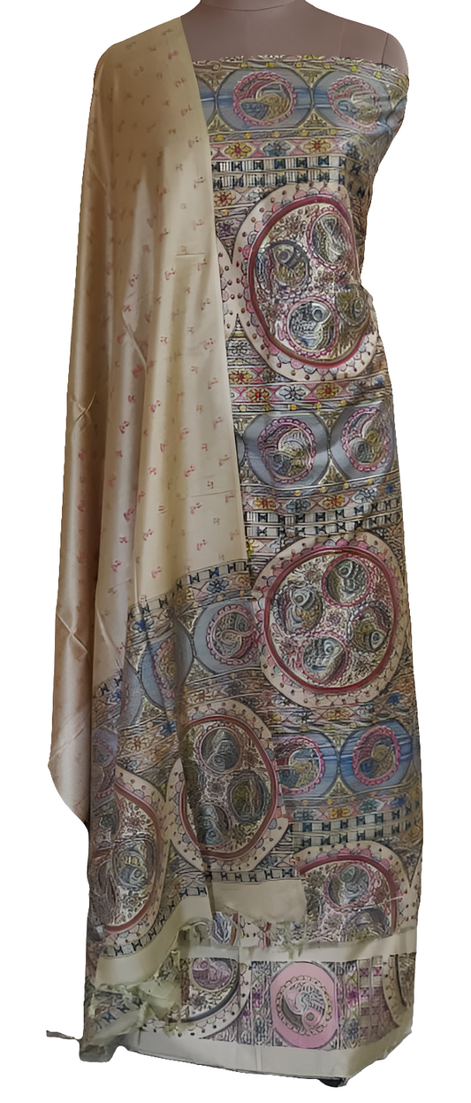 Deep Beige Madhubani Print Art Silk Suit MD26