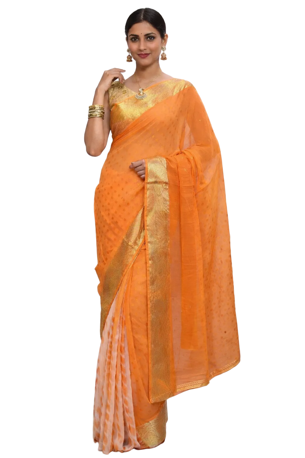 Designer Orange Silk Chiffon Zari Border Saree SP08