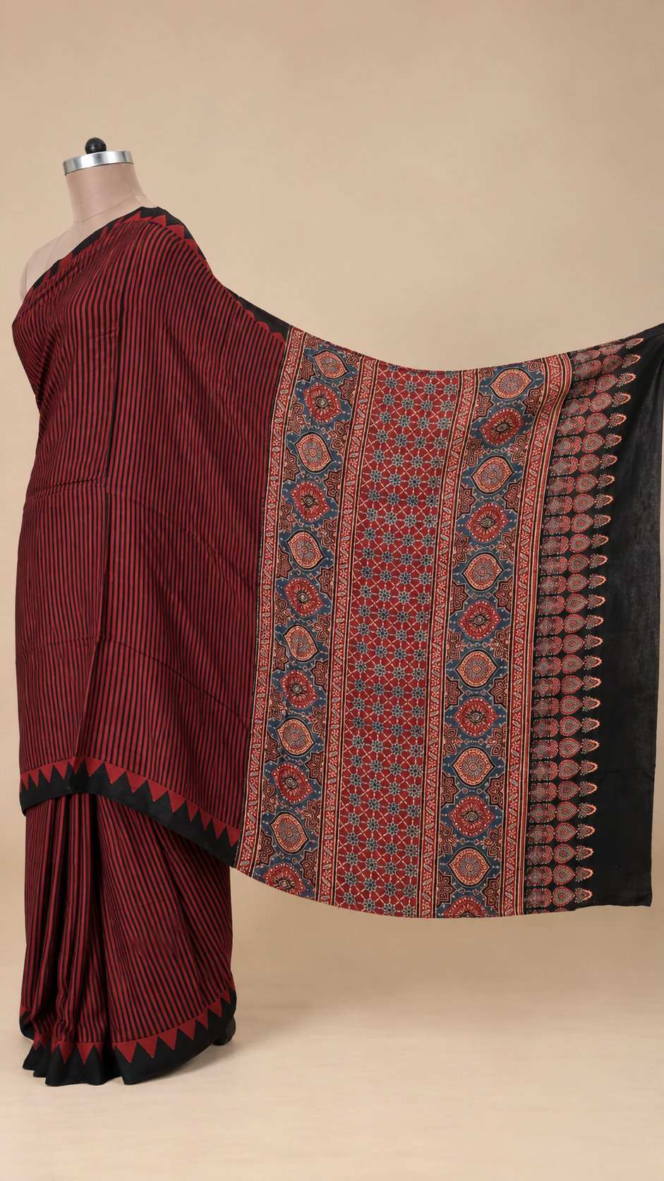 Reddish Maroon Ajrakh Block printed Modal Silk Saree VD02