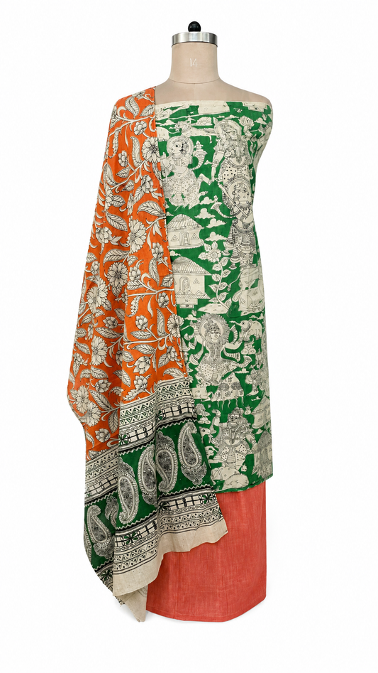 Green Kalamkari Cotton Salwar Kameez Dress Material