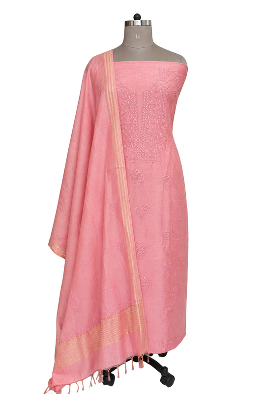 Peachy Pink Mul Chanderi Chikankari Two piece Suit Dress Material